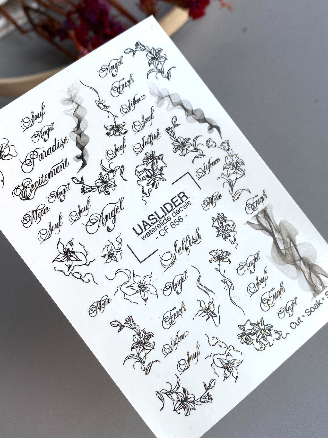 Floral Script Nail Decals — Gold Foil Lily Line Art & Words | CF - 856 - UASLIDER