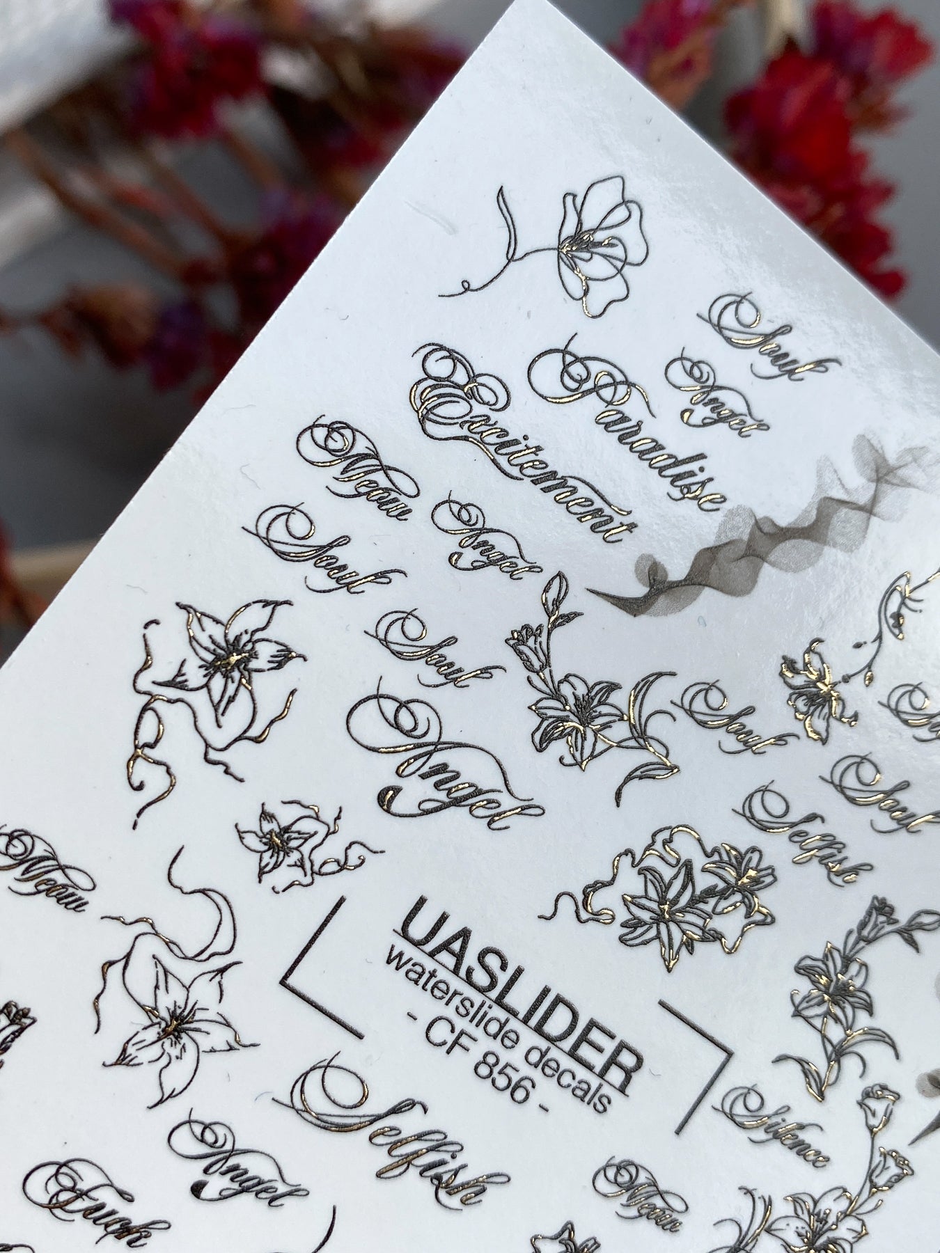 Floral Script Nail Decals — Gold Foil Lily Line Art & Words | CF - 856 - UASLIDER