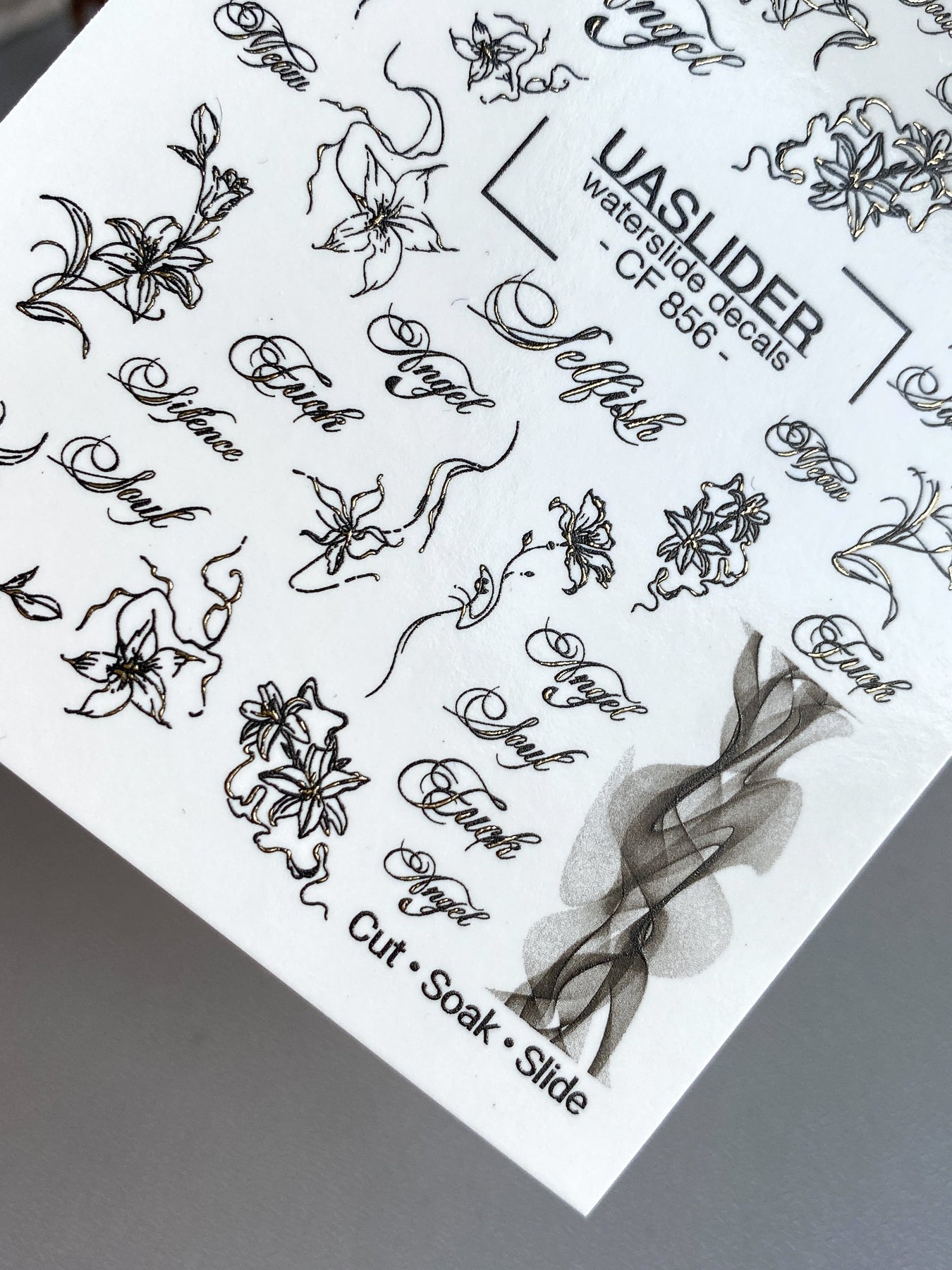 Floral Script Nail Decals — Gold Foil Lily Line Art & Words | CF - 856 - UASLIDER