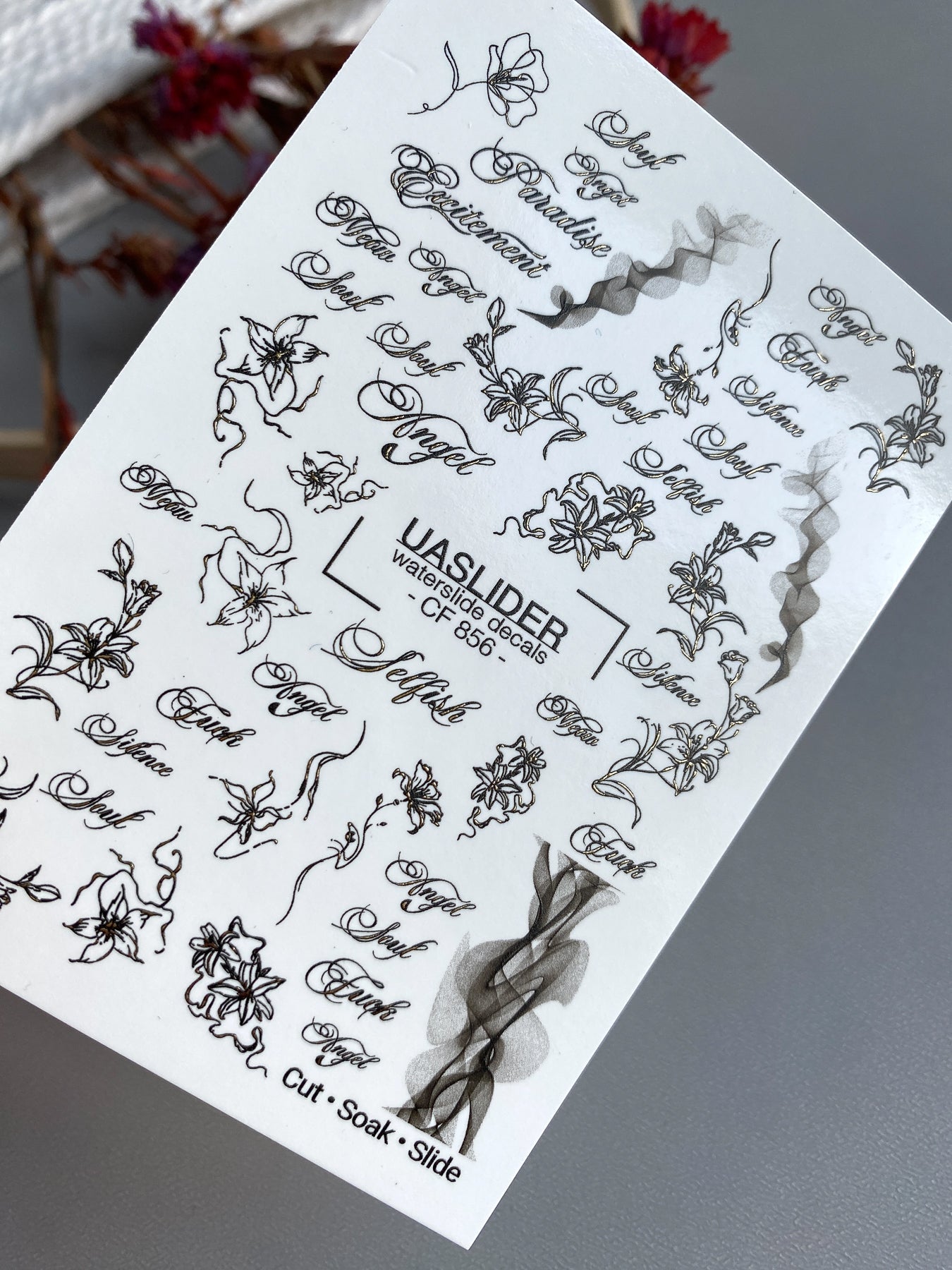 Floral Script Nail Decals — Gold Foil Lily Line Art & Words | CF - 856 - UASLIDER