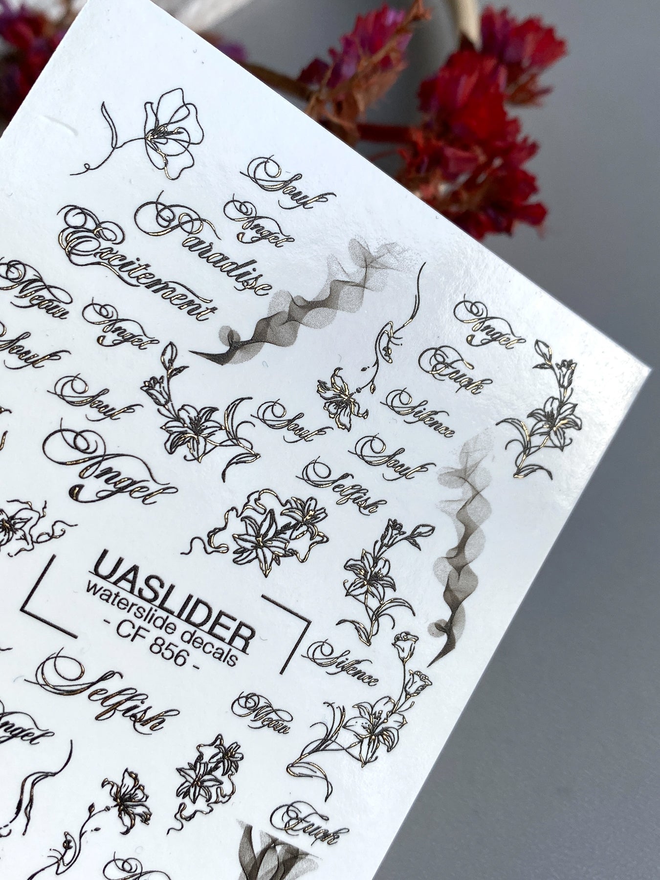 Floral Script Nail Decals — Gold Foil Lily Line Art & Words | CF - 856 - UASLIDER