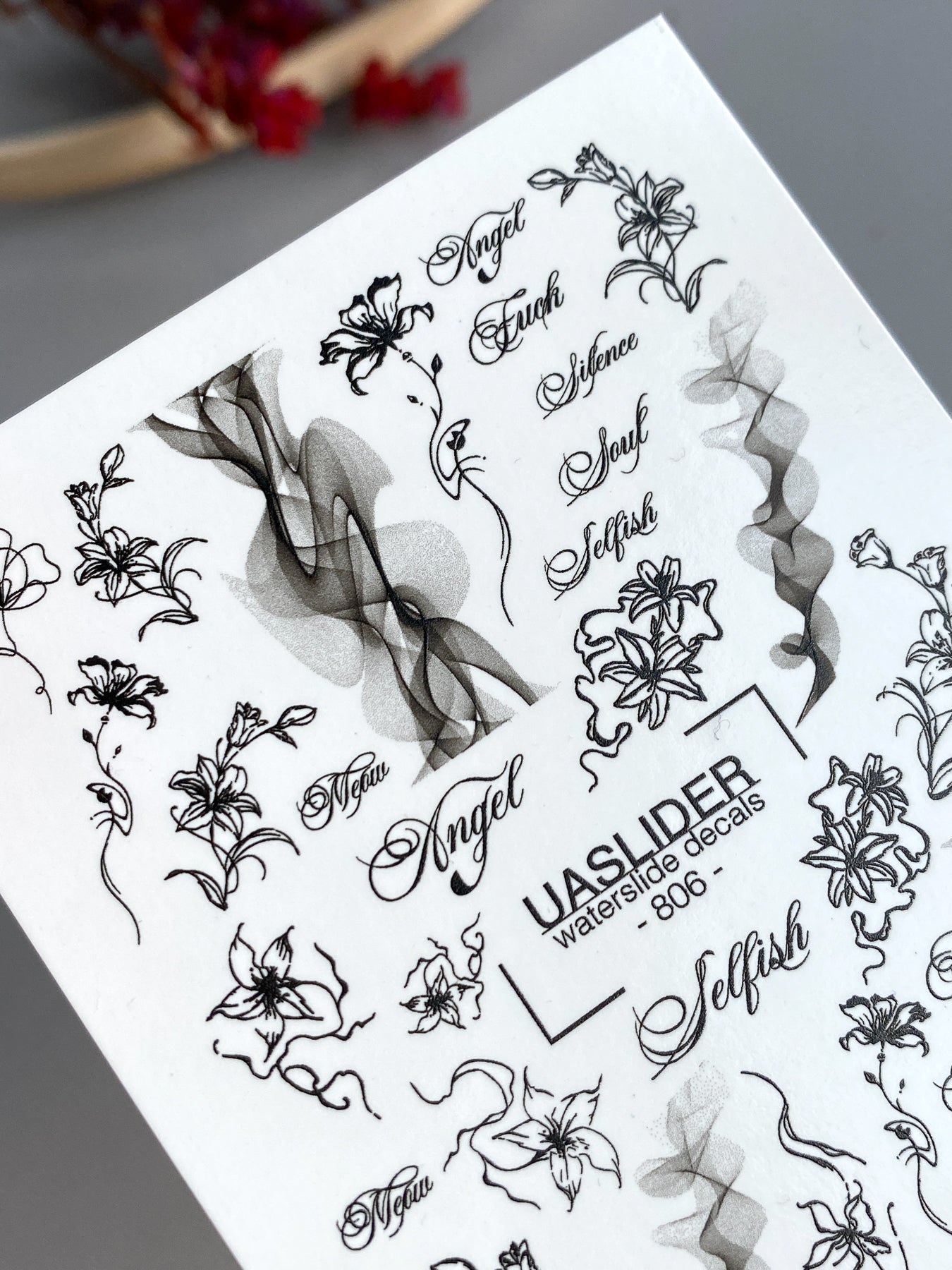 Floral Script Nail Decals — Gold Foil Lily Line Art & Words | CF - 856 - UASLIDER