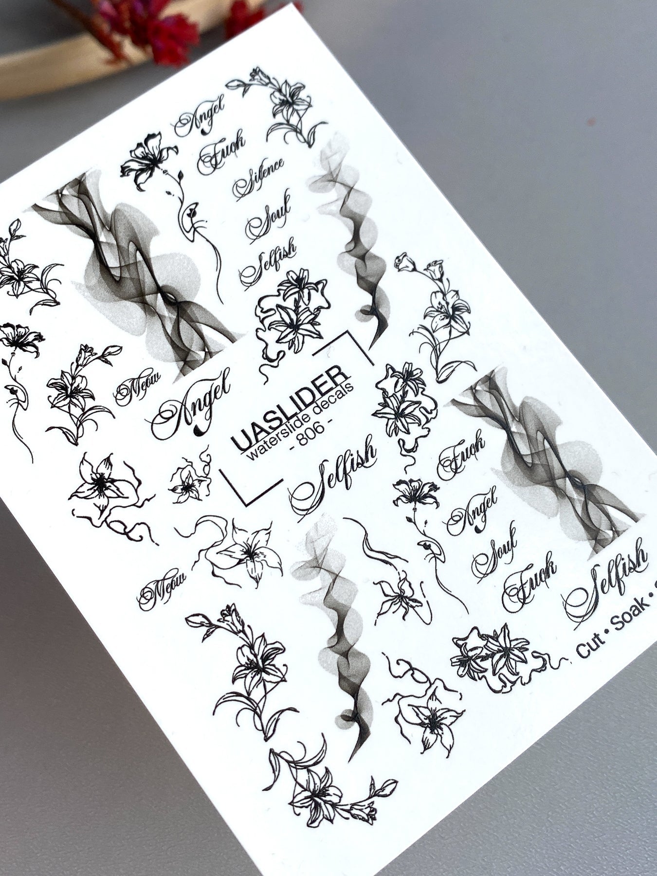 Floral Script Nail Decals — Gold Foil Lily Line Art & Words | CF - 856 - UASLIDER