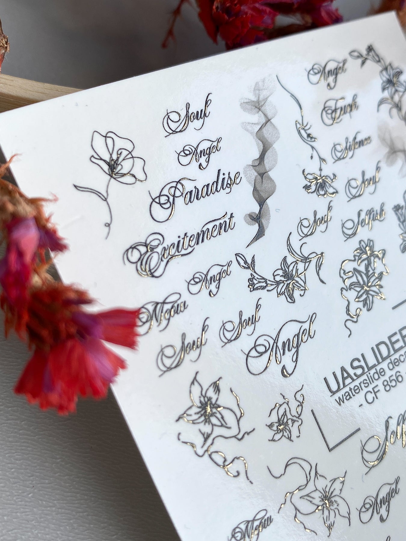 Floral Script Nail Decals — Gold Foil Lily Line Art & Words | CF - 856 - UASLIDER