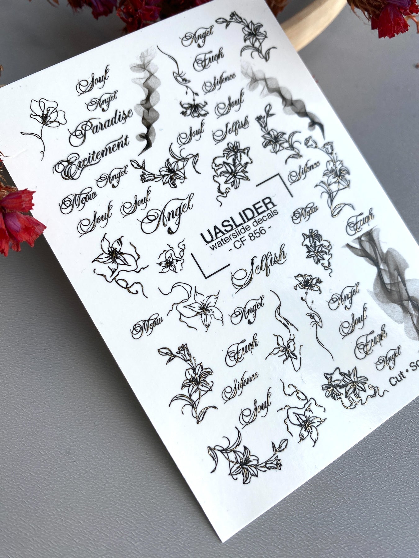 Floral Script Nail Decals — Gold Foil Lily Line Art & Words | CF - 856 - UASLIDER