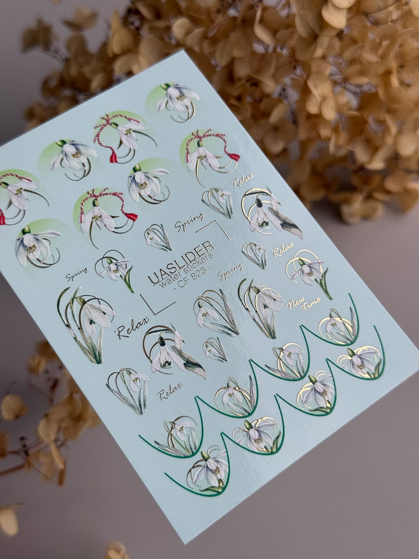Flower Nail Decals — Snowdrops with Gold Foil & Spring Text | CF - 823 - UASLIDER