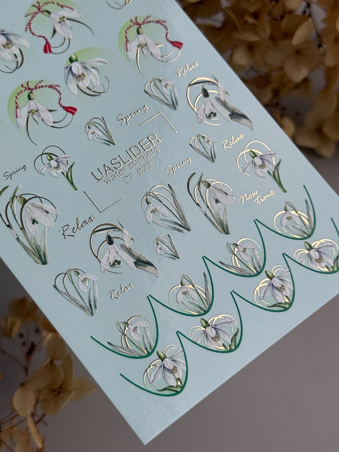 Flower Nail Decals — Snowdrops with Gold Foil & Spring Text | CF - 823 - UASLIDER