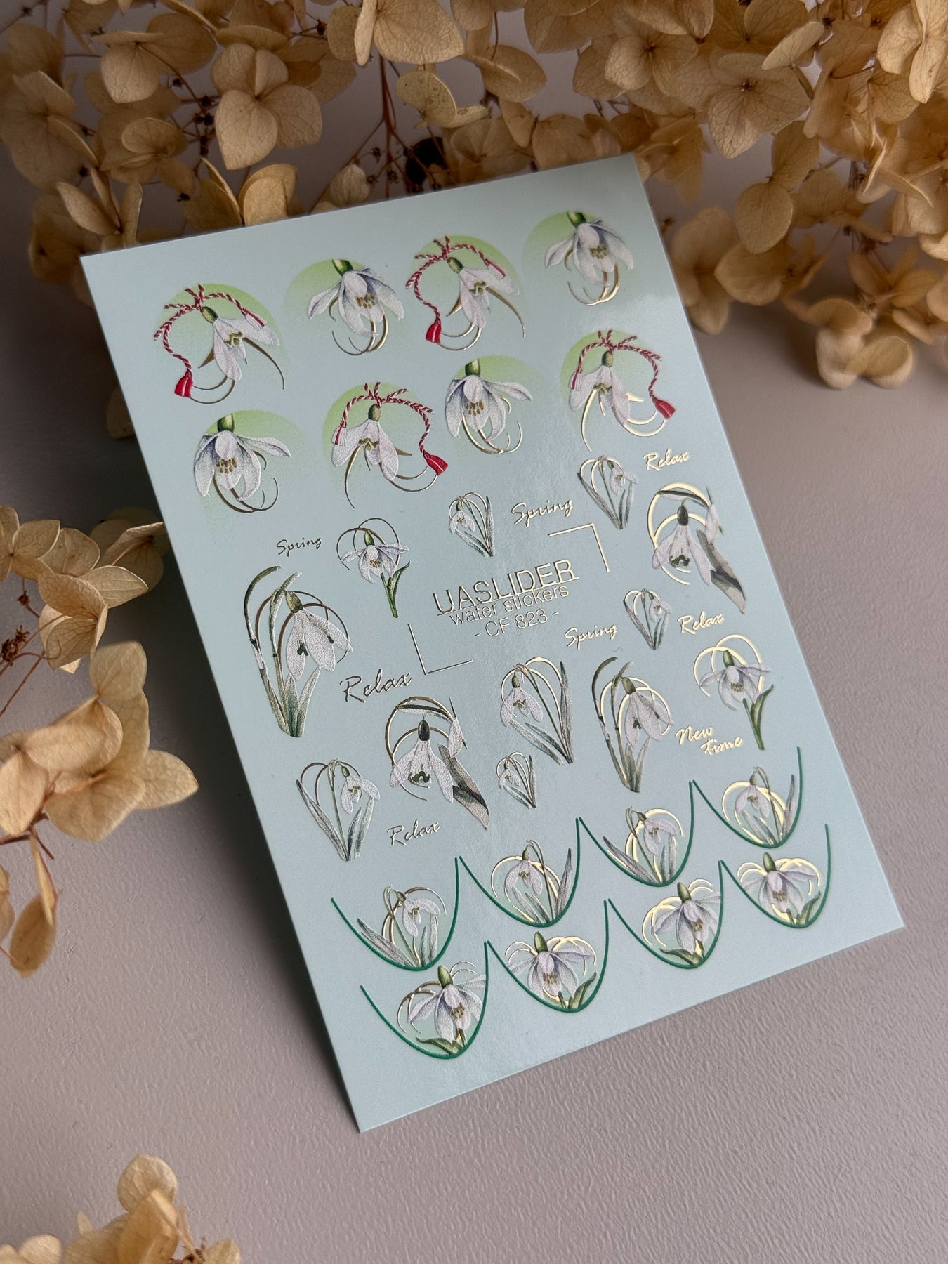 Flower Nail Decals — Snowdrops with Gold Foil & Spring Text | CF - 823 - UASLIDER