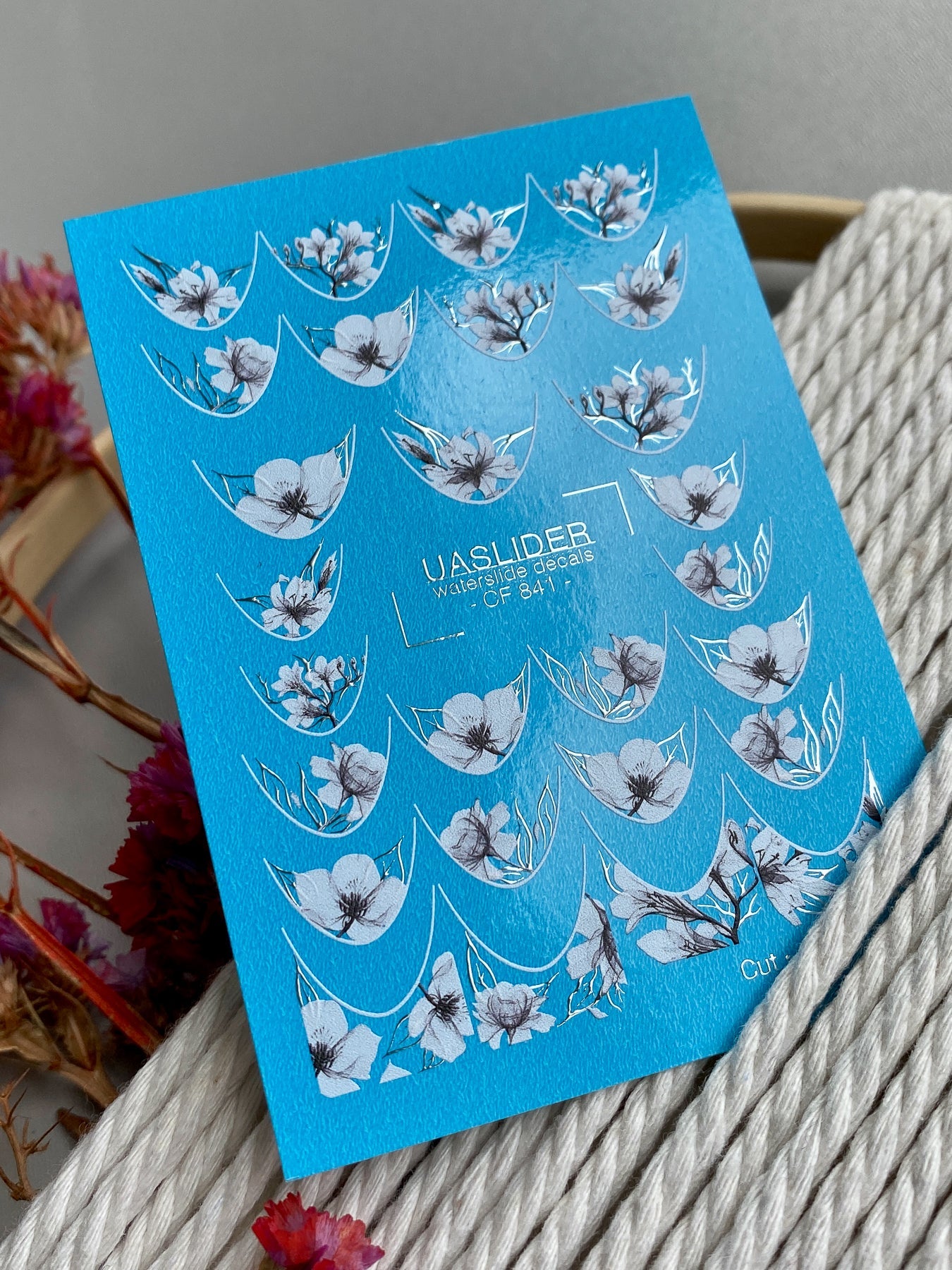 French Tip Floral Nail Decals — White Flowers & Silver Foil | CF-841 - UASLIDER