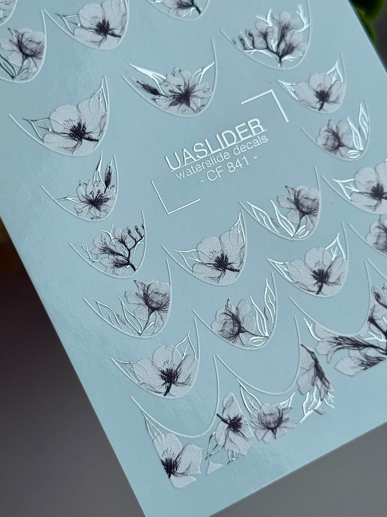 French Tip Floral Nail Decals — White Flowers & Silver Foil | CF-841 - UASLIDER