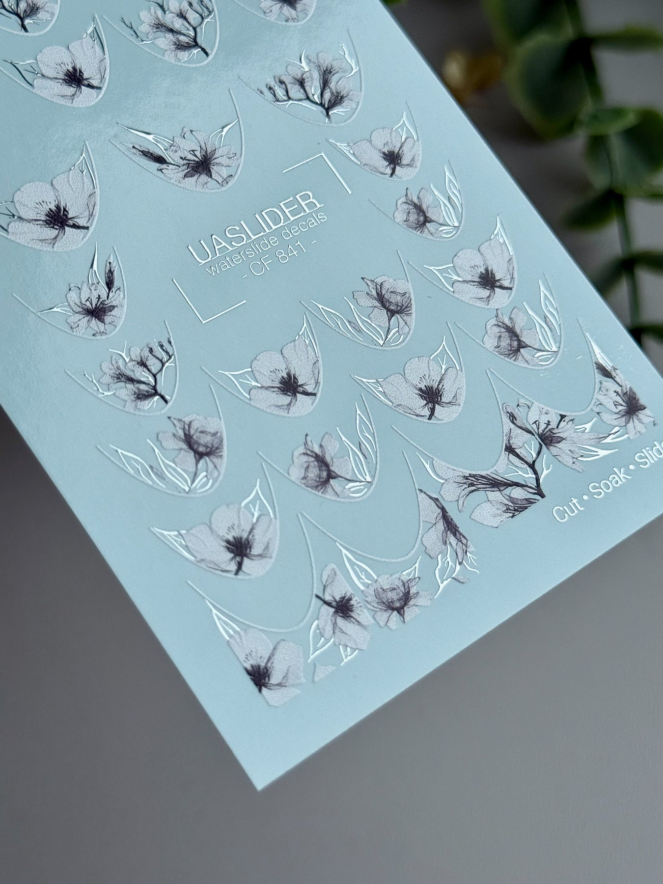 French Tip Floral Nail Decals — White Flowers & Silver Foil | CF-841 - UASLIDER