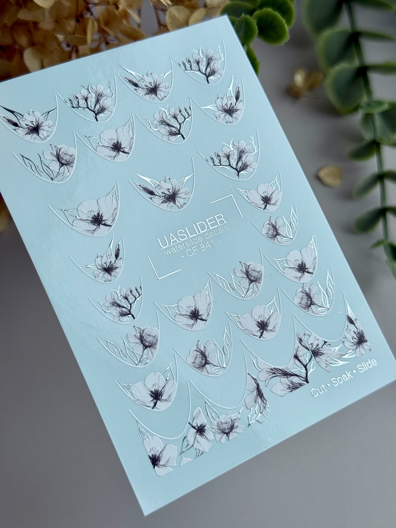French Tip Floral Nail Decals — White Flowers & Silver Foil | CF-841 - UASLIDER