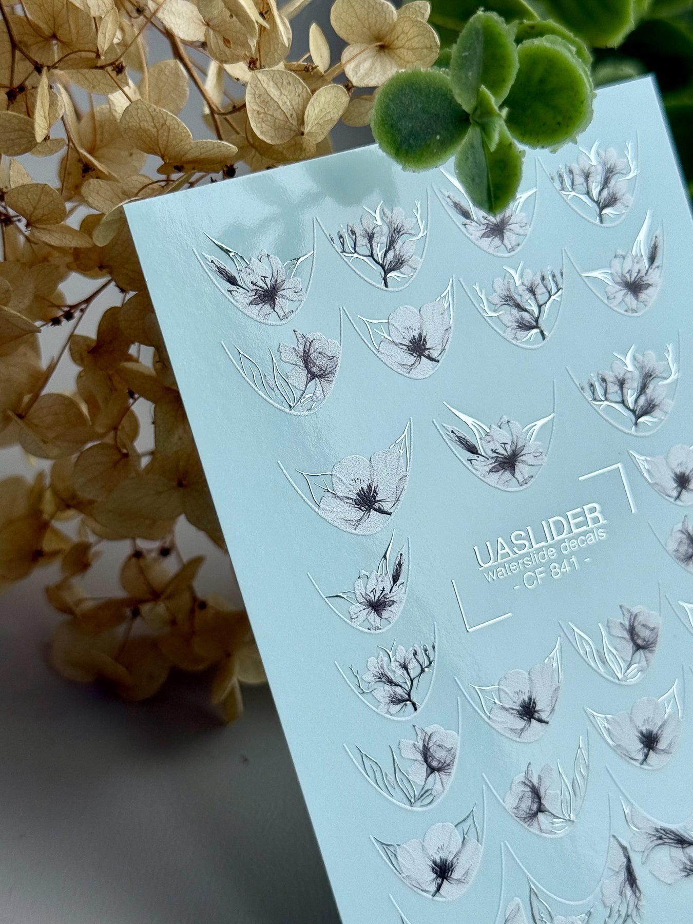French Tip Floral Nail Decals — White Flowers & Silver Foil | CF-841 - UASLIDER