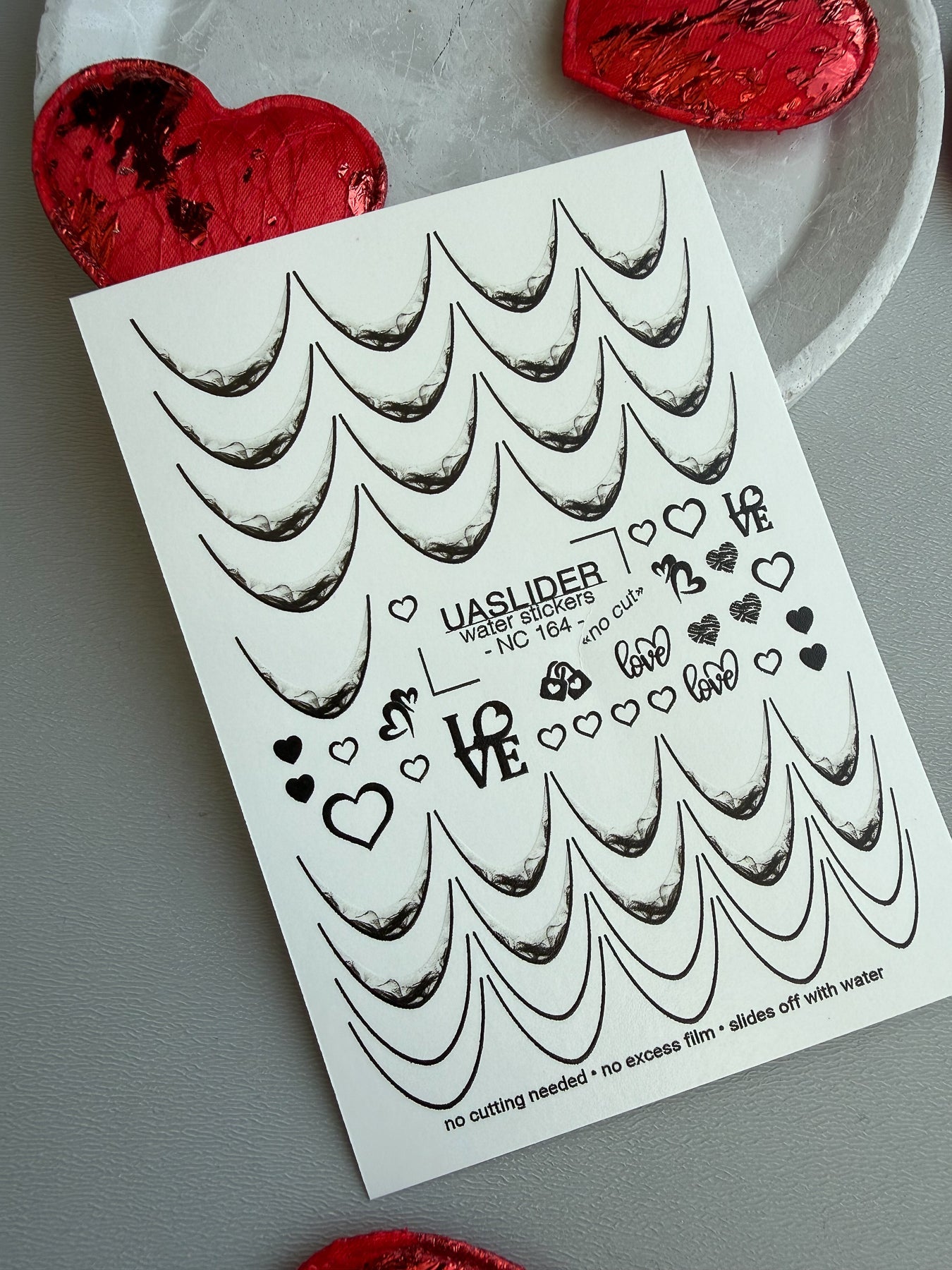 French Tip Nail Decals — Black Lace Tips with Love & Heart Accents | NC-164 - UASLIDER