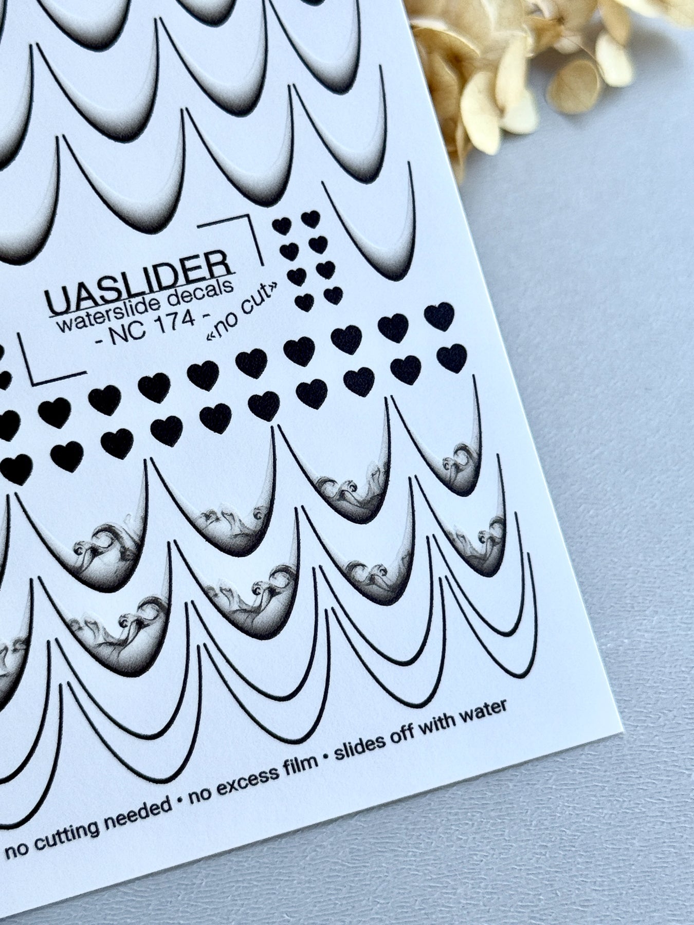 French Tip Nail Decals — Black Outline, Smoke & Heart Designs | NC-174 - UASLIDER