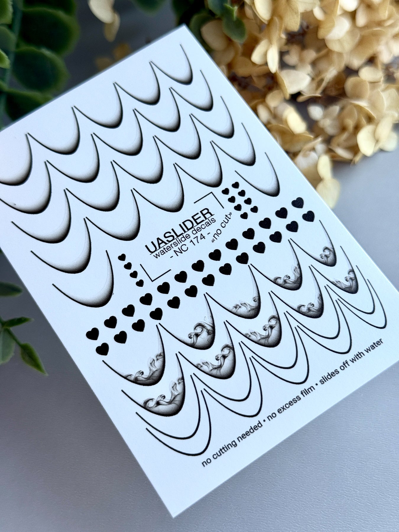French Tip Nail Decals — Black Outline, Smoke & Heart Designs | NC-174 - UASLIDER