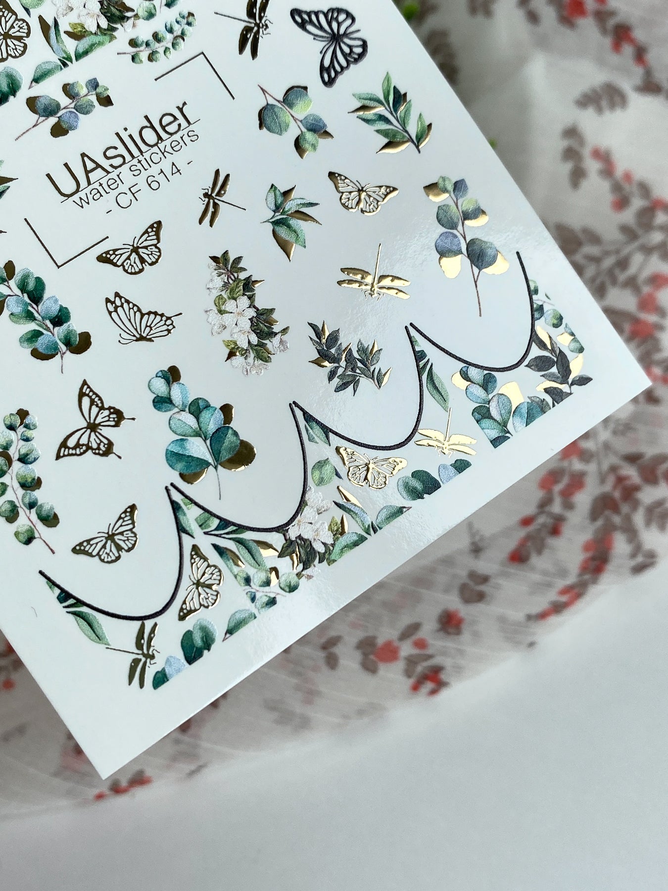 French Tip Nail Decals — Eucalyptus & Gold Foil Butterflies | CF - 614 - UASLIDER