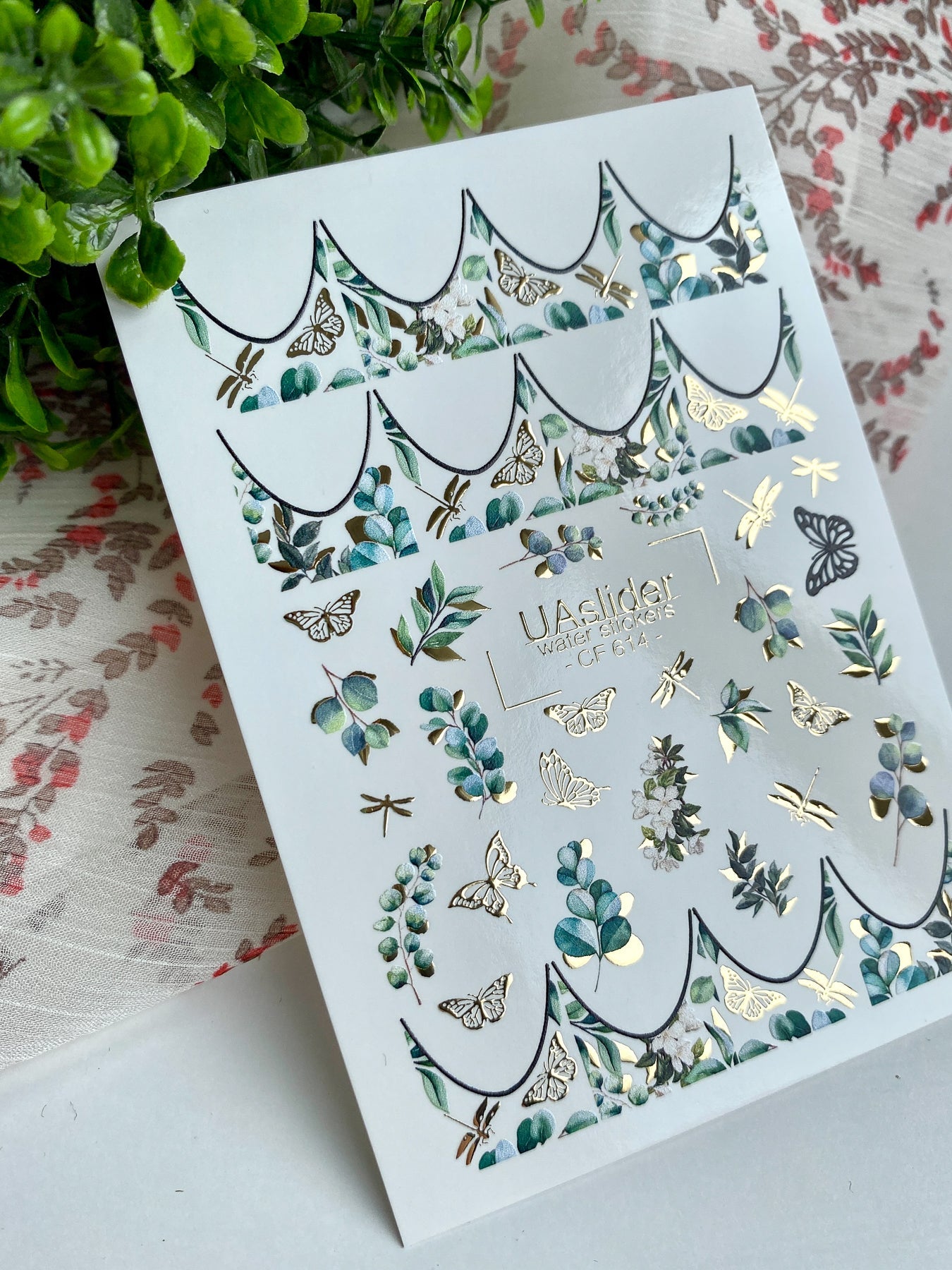 French Tip Nail Decals — Eucalyptus & Gold Foil Butterflies | CF - 614 - UASLIDER
