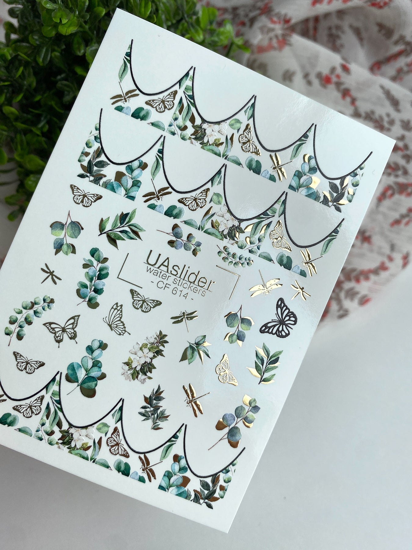 French Tip Nail Decals — Eucalyptus & Gold Foil Butterflies | CF - 614 - UASLIDER