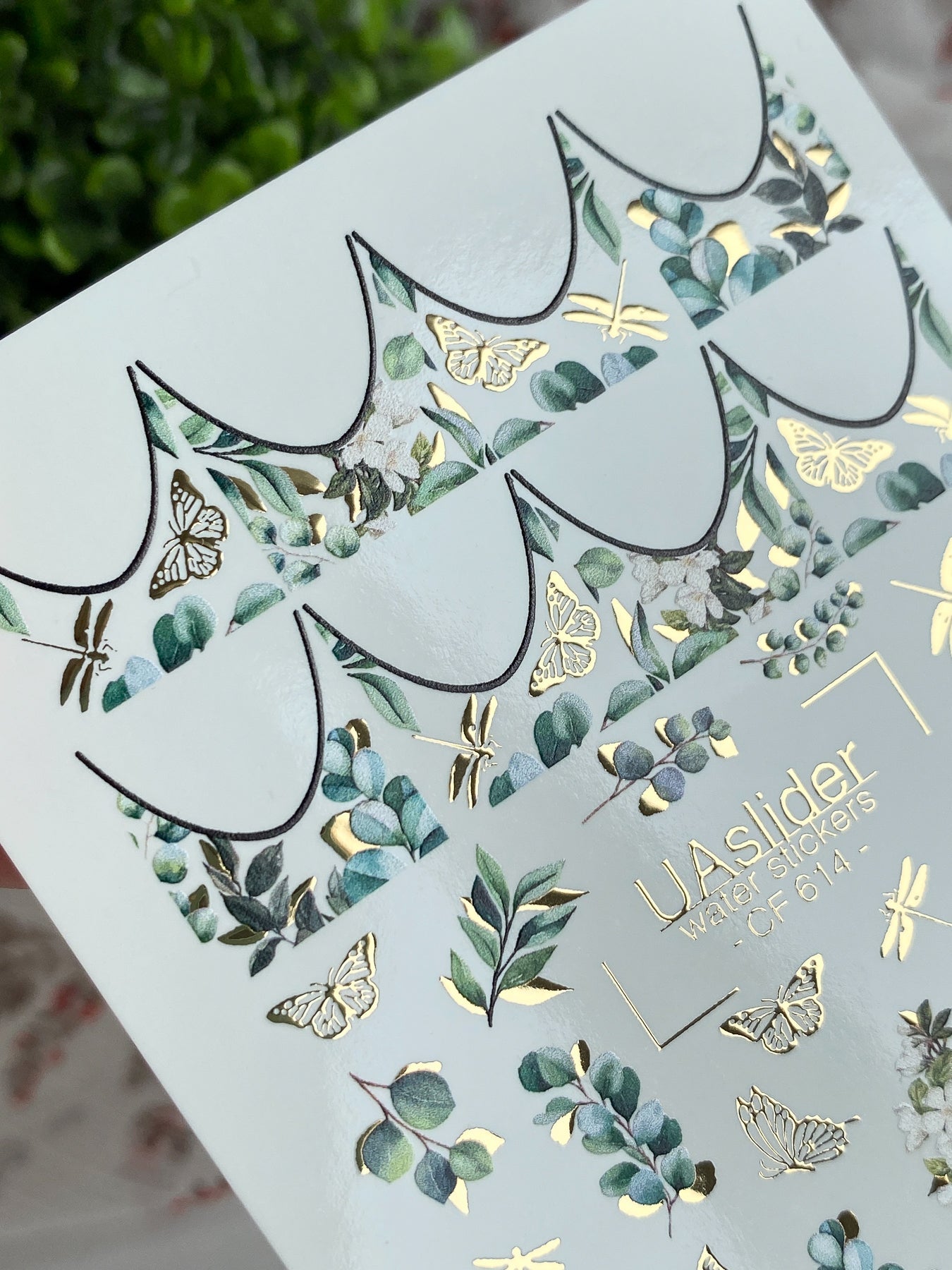 French Tip Nail Decals — Eucalyptus & Gold Foil Butterflies | CF - 614 - UASLIDER