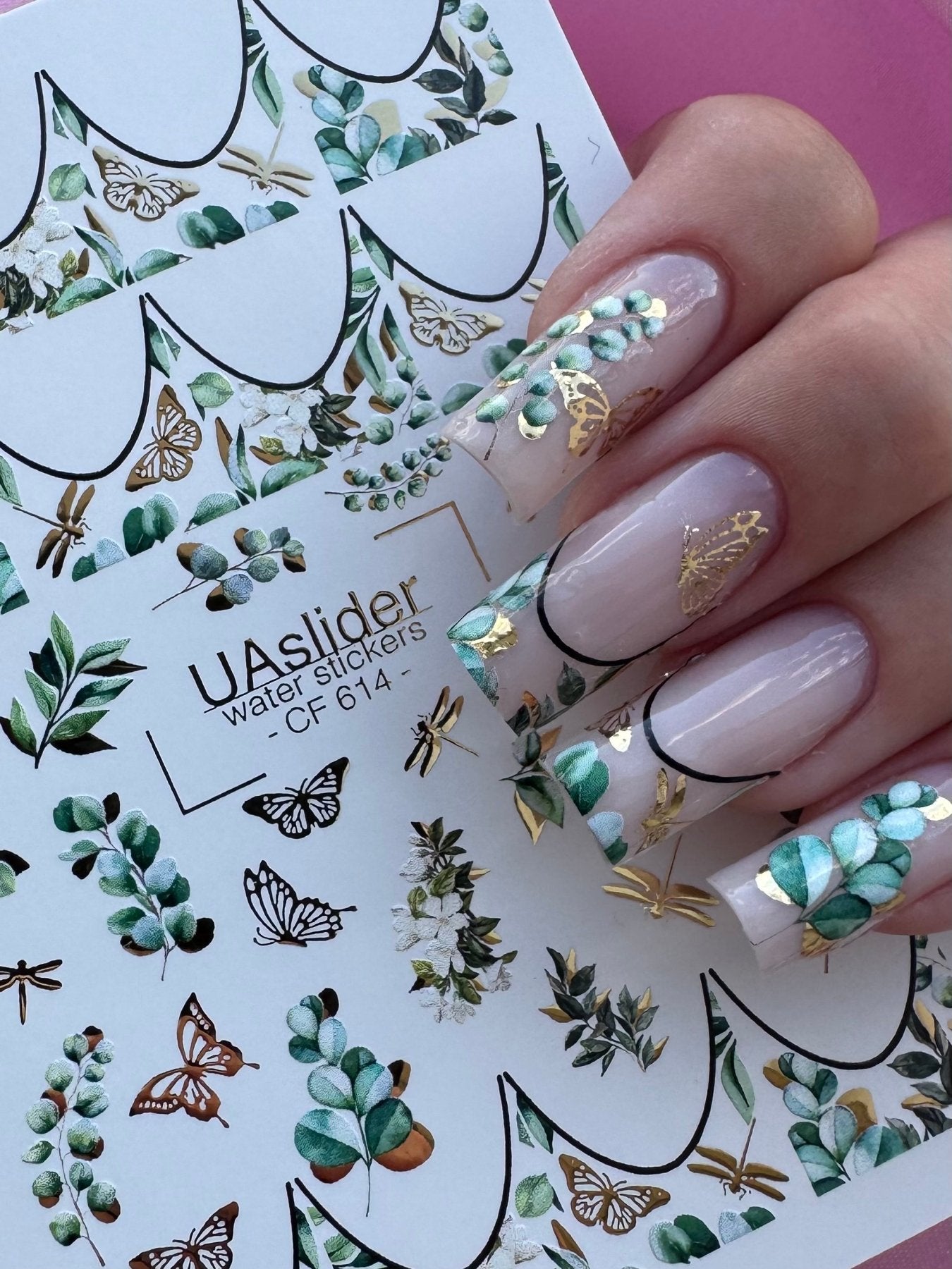 French Tip Nail Decals — Eucalyptus & Gold Foil Butterflies | CF - 614 - UASLIDER