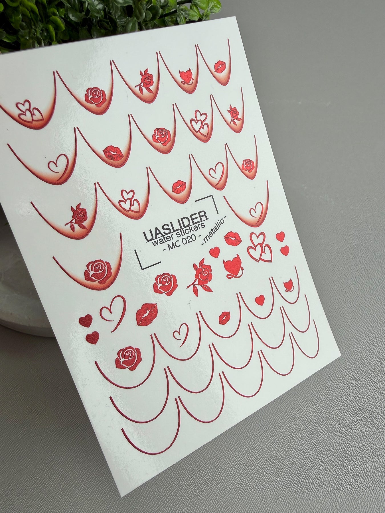 French Tip Nail Decals — Metallic Red Roses Hearts & Lips | MC-020 - UASLIDER
