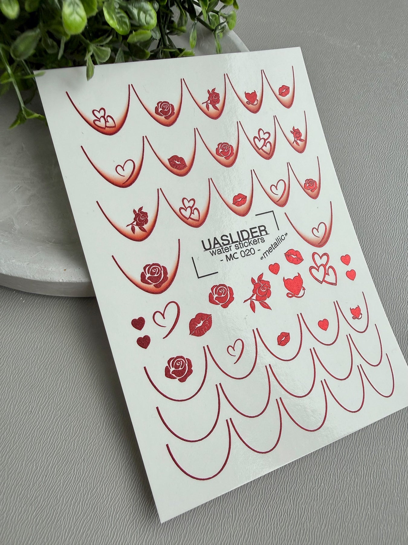French Tip Nail Decals — Metallic Red Roses Hearts & Lips | MC-020 - UASLIDER