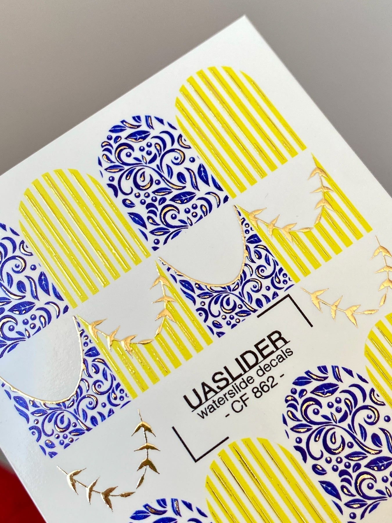 French Tip Nail Stickers — Blue Floral & Gold Foil Stripes | CF - 862 - UASLIDER