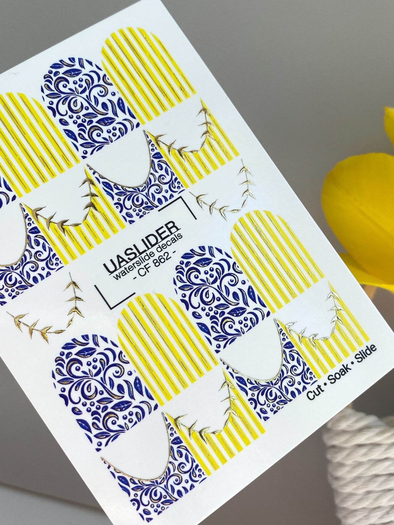 French Tip Nail Stickers — Blue Floral & Gold Foil Stripes | CF - 862 - UASLIDER