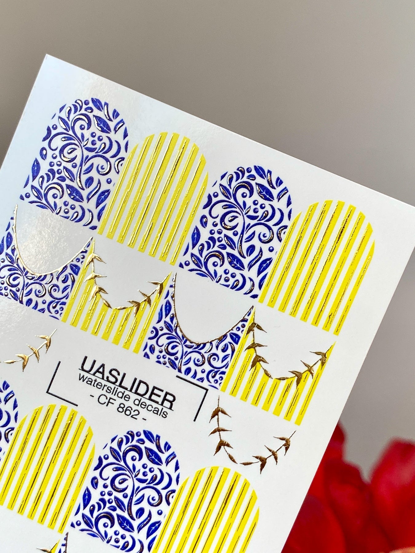 French Tip Nail Stickers — Blue Floral & Gold Foil Stripes | CF - 862 - UASLIDER