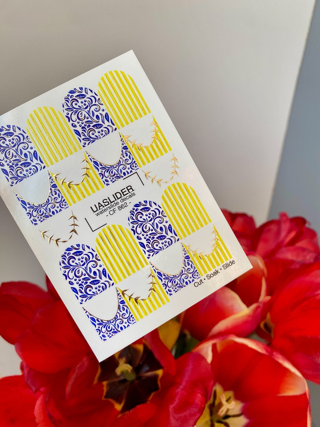 French Tip Nail Stickers — Blue Floral & Gold Foil Stripes | CF - 862 - UASLIDER
