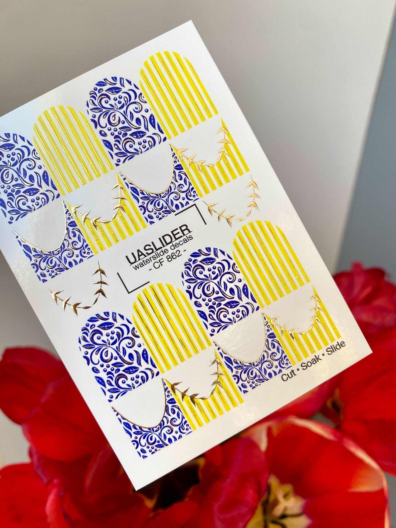 French Tip Nail Stickers — Blue Floral & Gold Foil Stripes | CF - 862 - UASLIDER