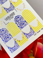 French Tip Nail Stickers — Blue Floral & Gold Foil Stripes | CF - 862 - UASLIDER