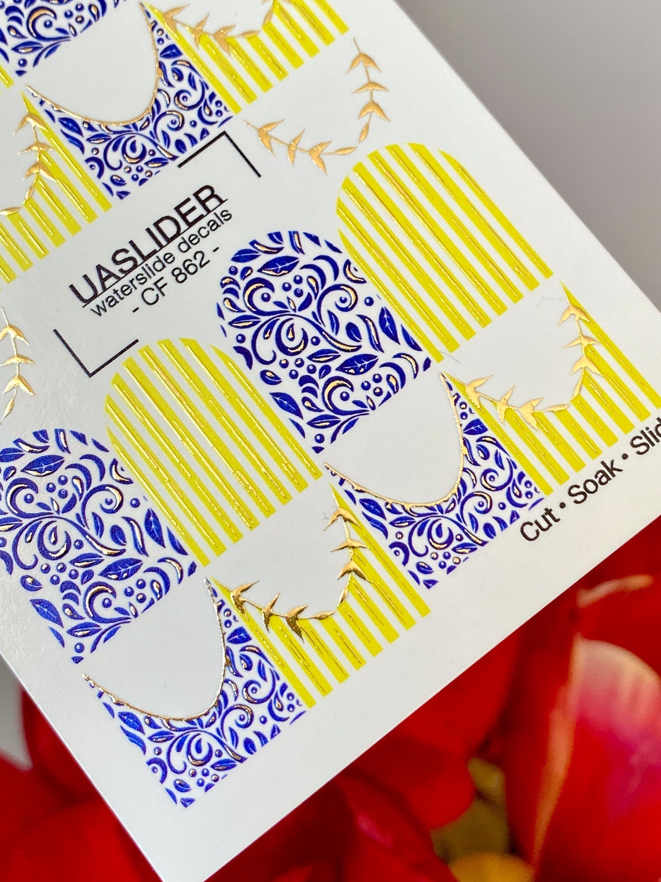 French Tip Nail Stickers — Blue Floral & Gold Foil Stripes | CF - 862 - UASLIDER