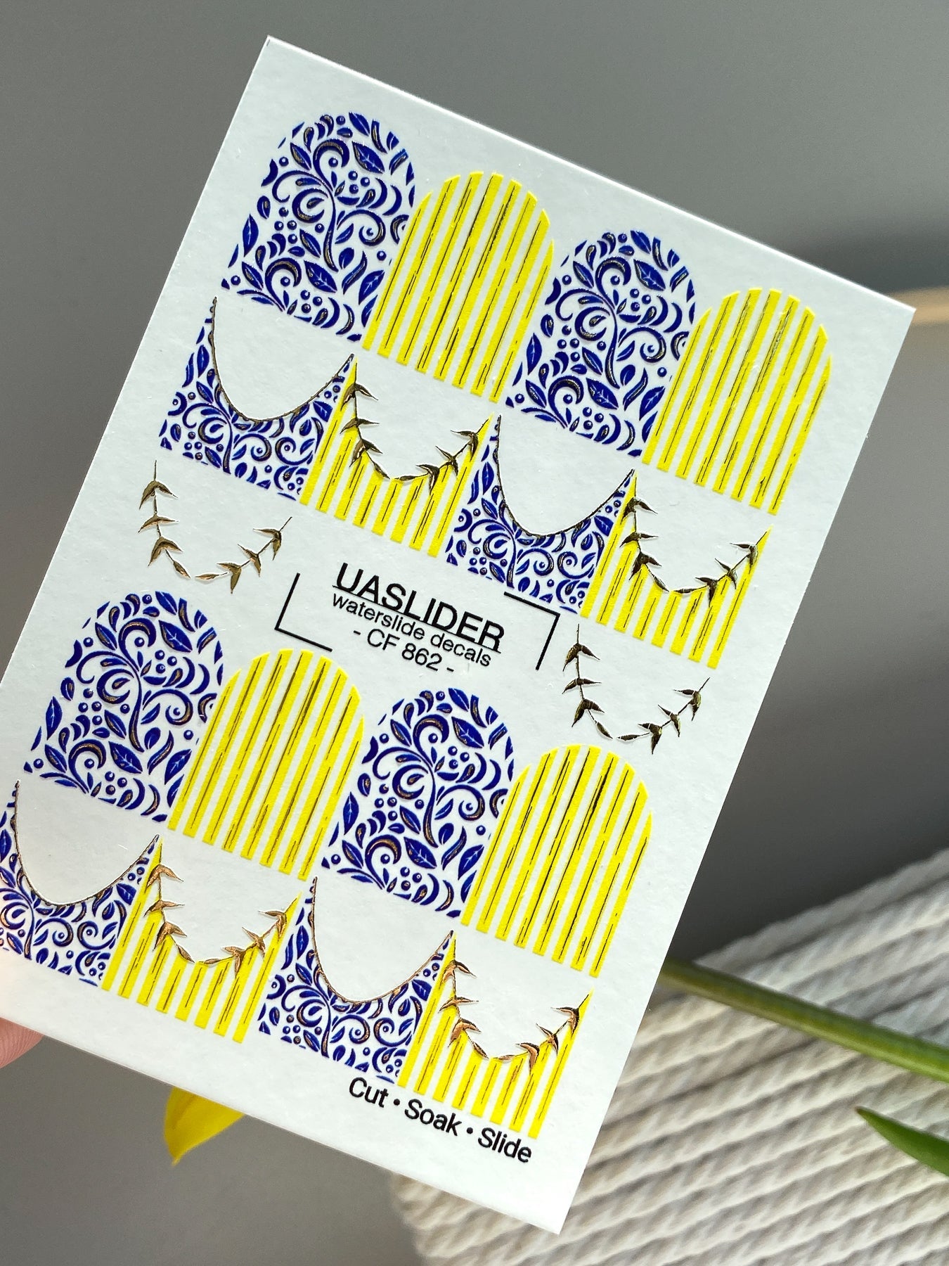 French Tip Nail Stickers — Blue Floral & Gold Foil Stripes | CF - 862 - UASLIDER