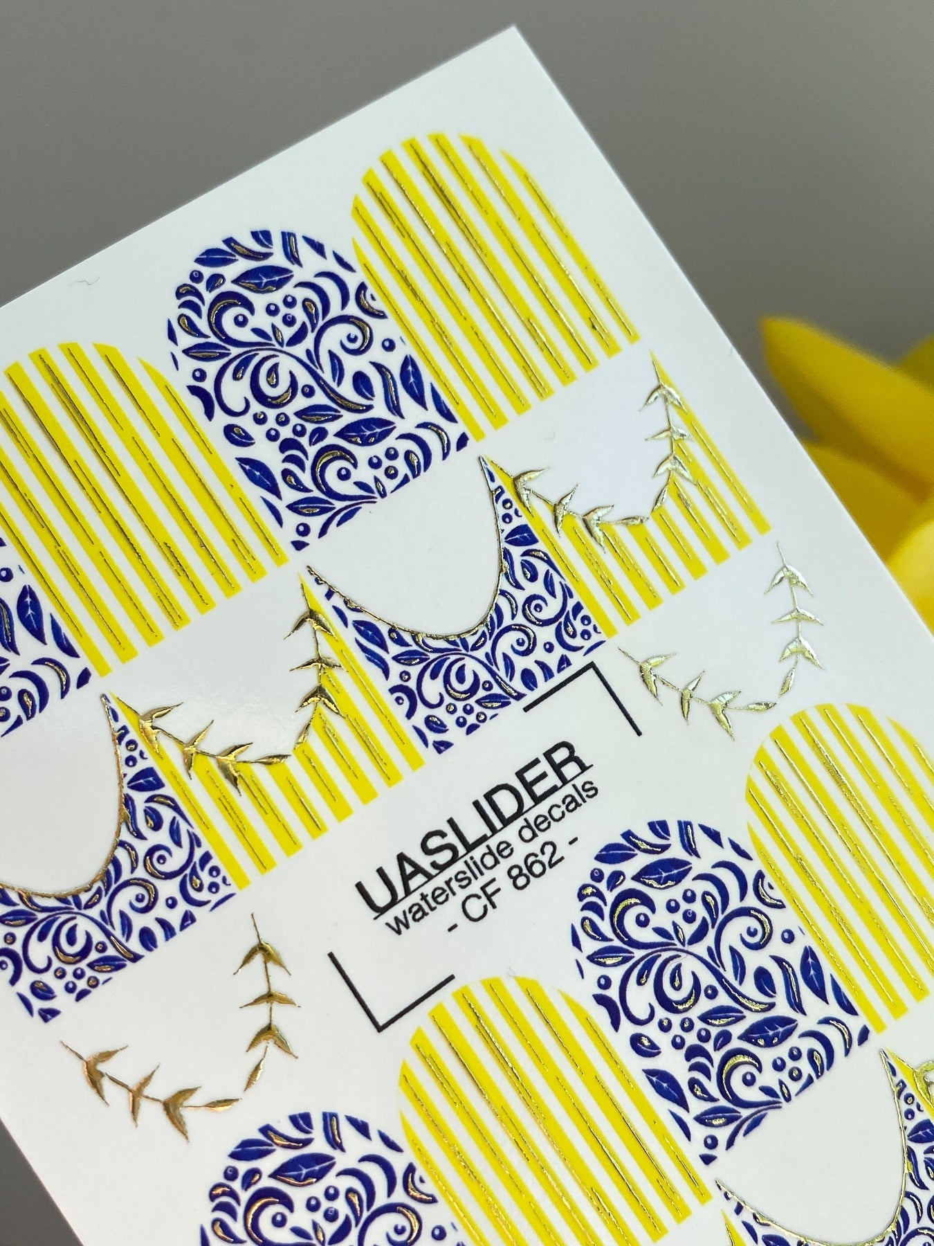 French Tip Nail Stickers — Blue Floral & Gold Foil Stripes | CF - 862 - UASLIDER