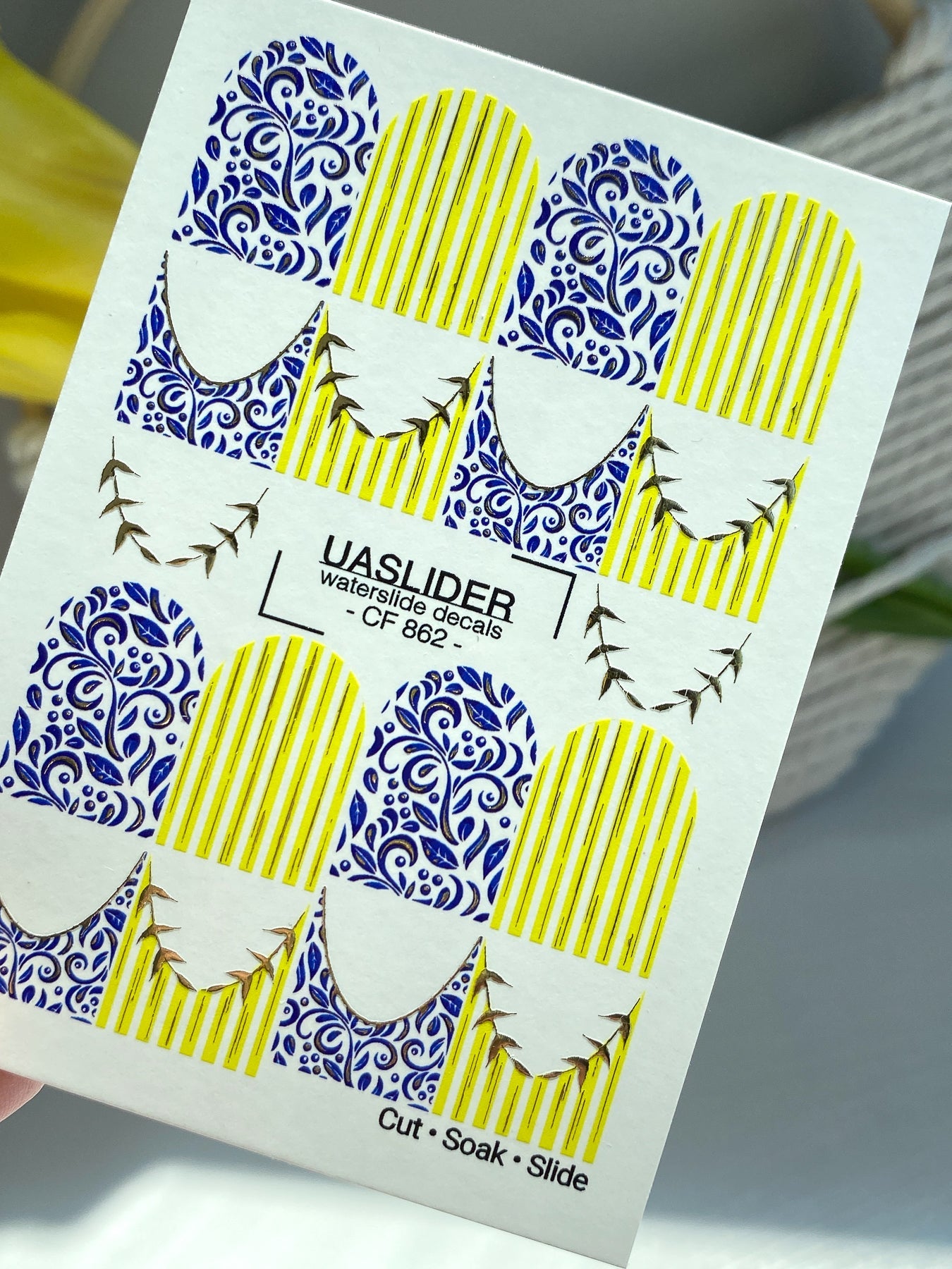 French Tip Nail Stickers — Blue Floral & Gold Foil Stripes | CF - 862 - UASLIDER