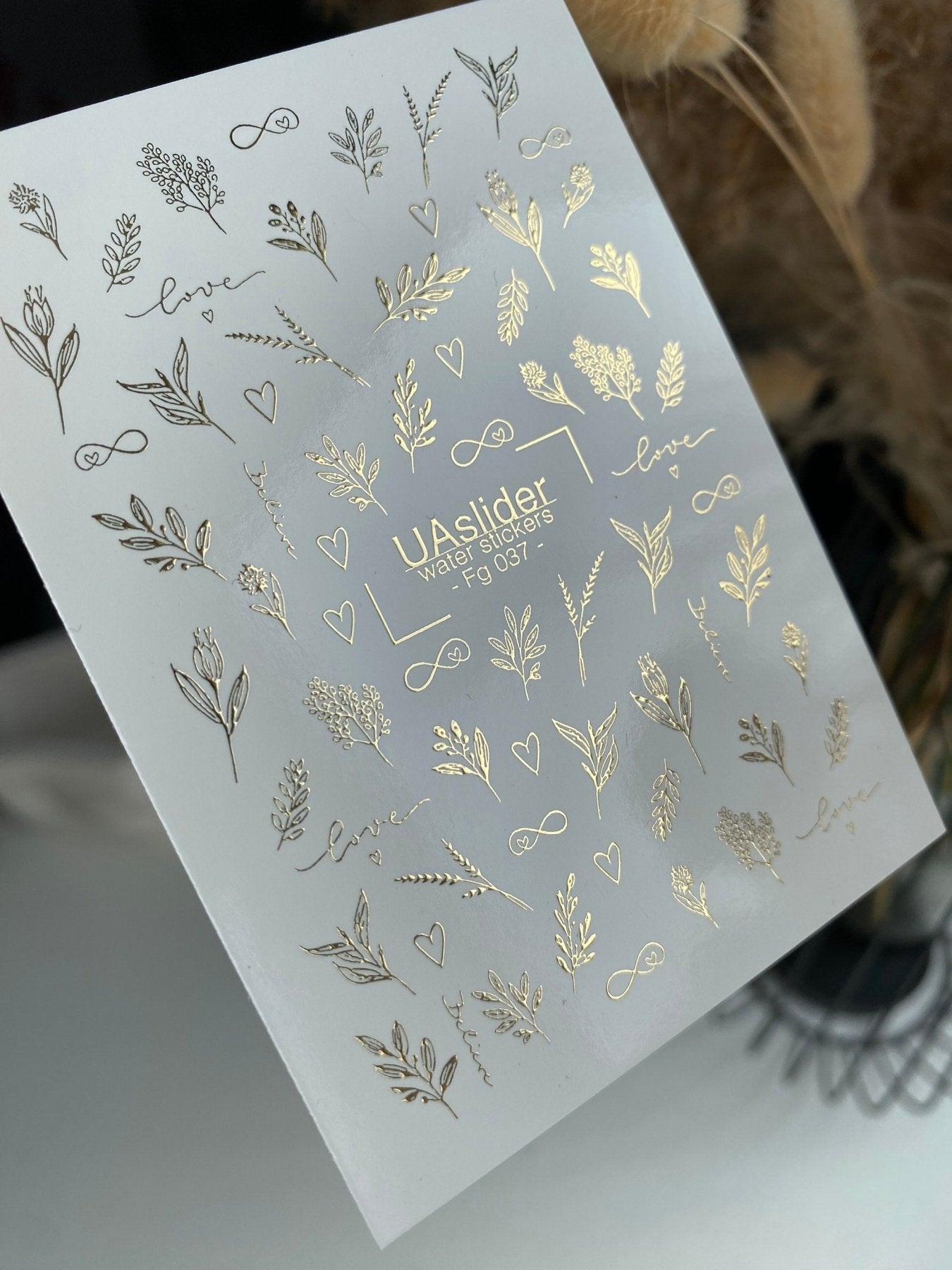 Gold Nail Decals — Botanical Sprigs, Hearts & Love Script | Fg - 037 - UASLIDER