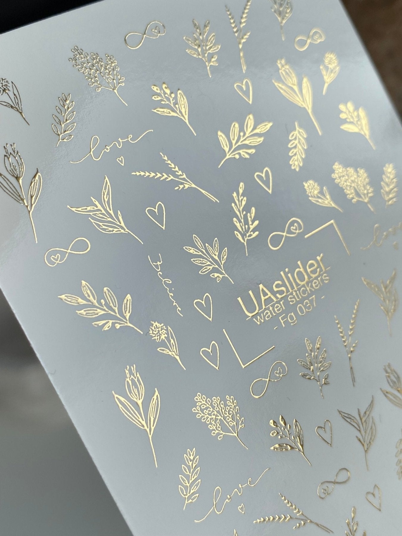 Gold Nail Decals — Botanical Sprigs, Hearts & Love Script | Fg - 037 - UASLIDER