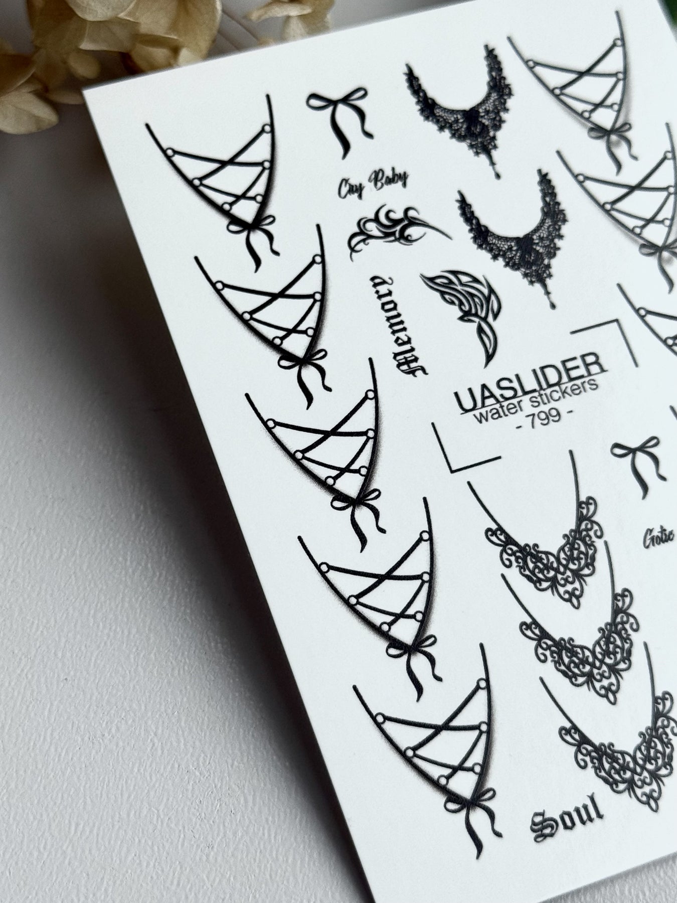 Gothic Lace Nail Decals — Corset Lines Bows Dark Script | 799 - UASLIDER