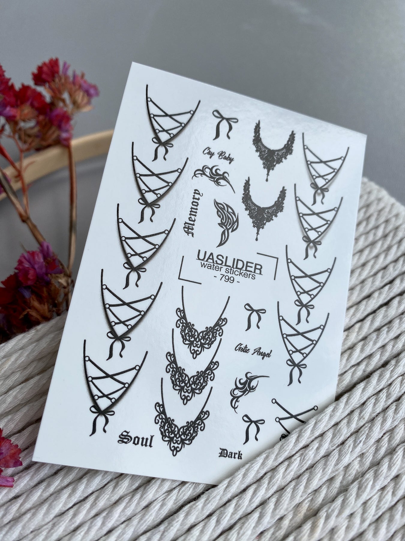 Gothic Lace Nail Decals — Corset Lines Bows Dark Script | 799 - UASLIDER