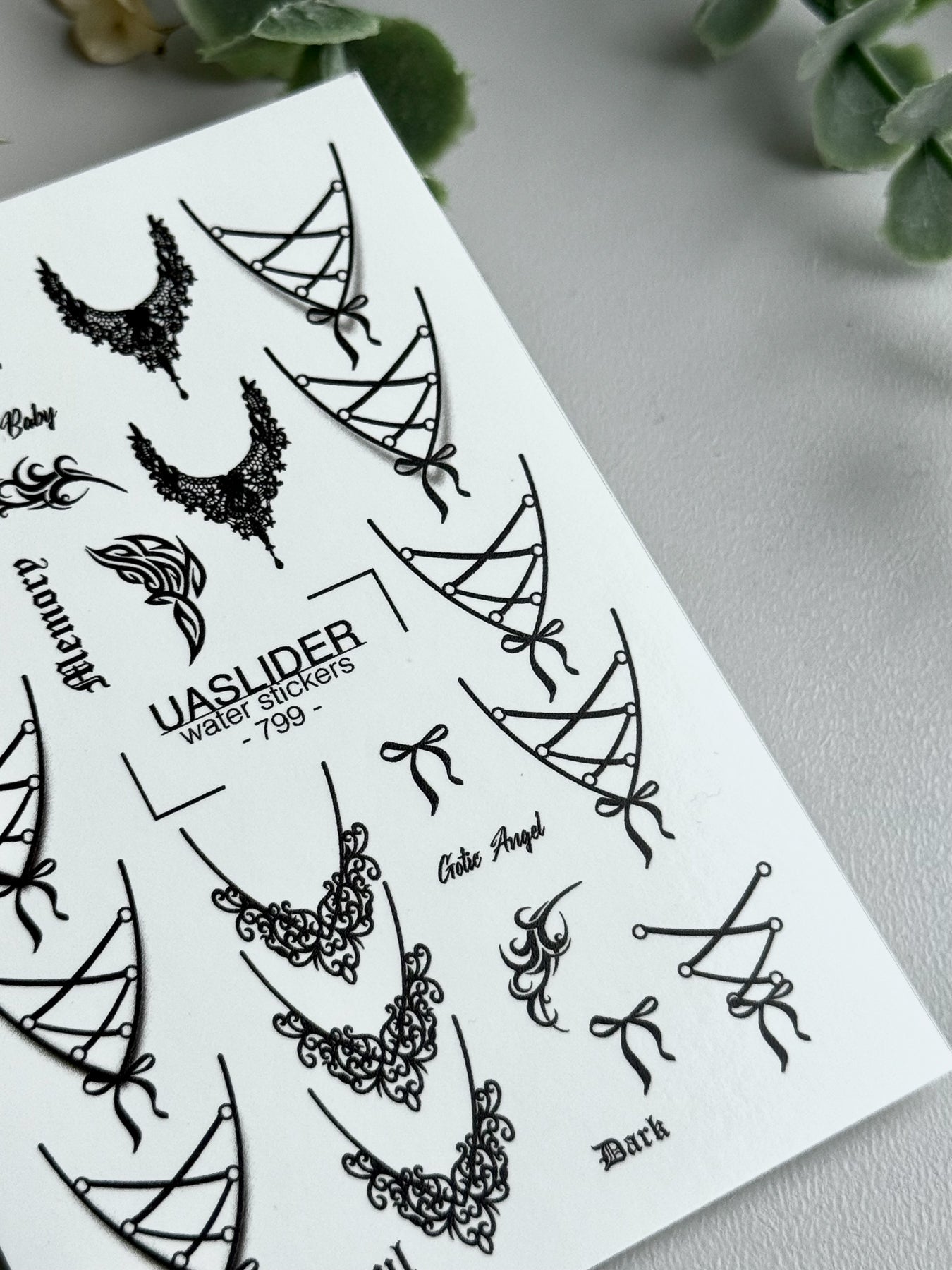 Gothic Lace Nail Decals — Corset Lines Bows Dark Script | 799 - UASLIDER