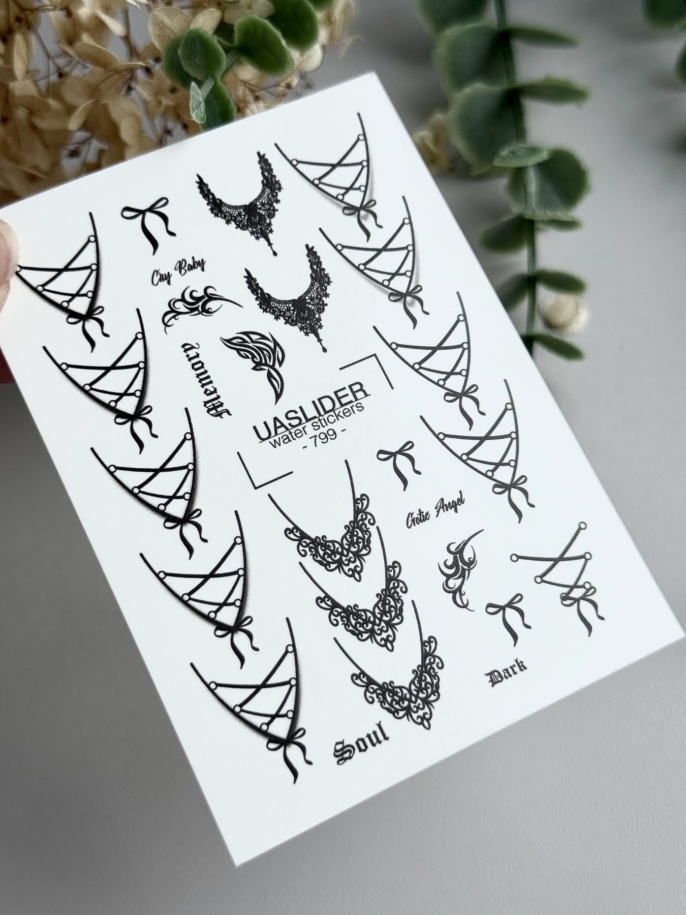 Gothic Lace Nail Decals — Corset Lines Bows Dark Script | 799 - UASLIDER
