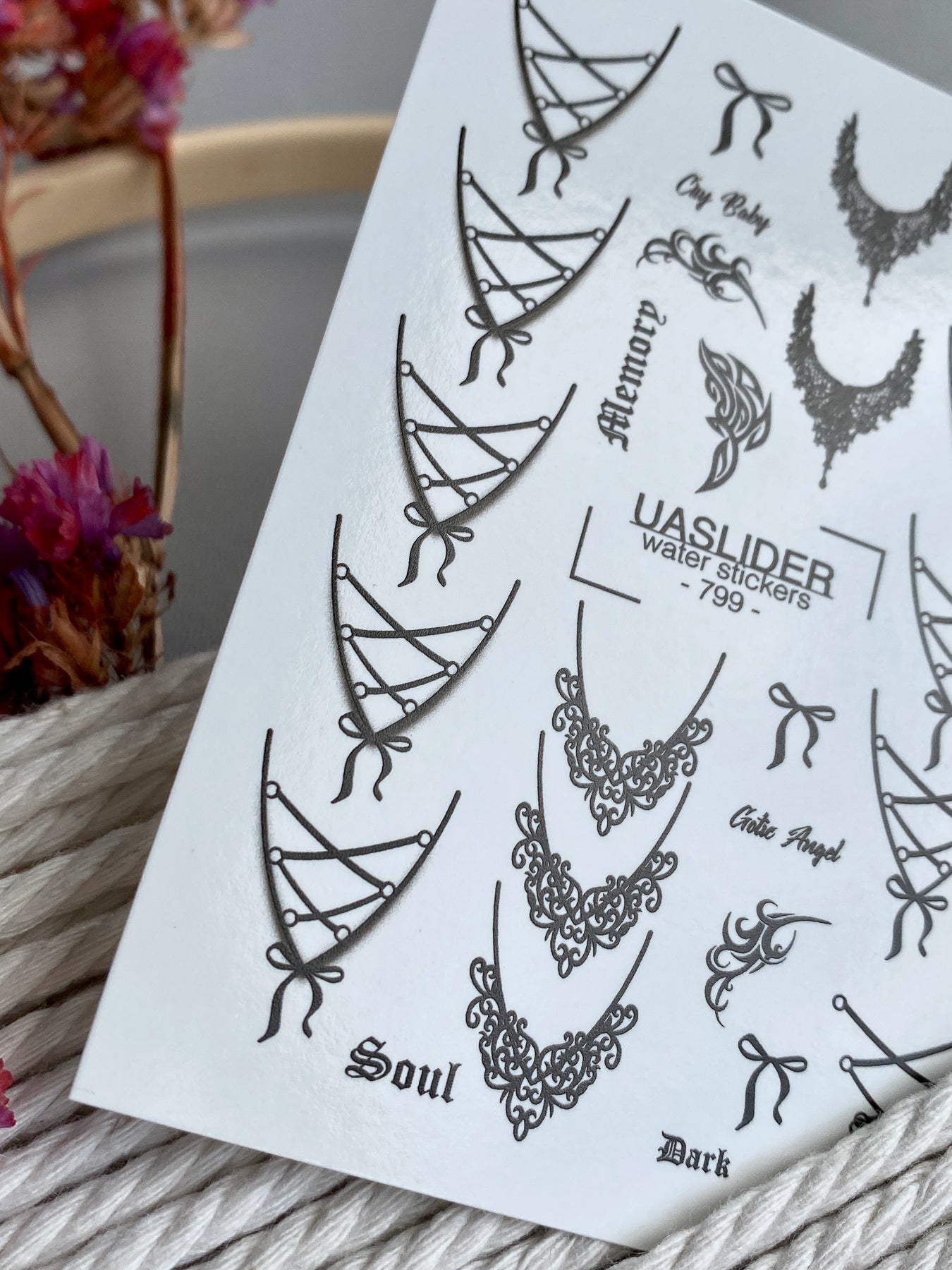 Gothic Lace Nail Decals — Corset Lines Bows Dark Script | 799 - UASLIDER