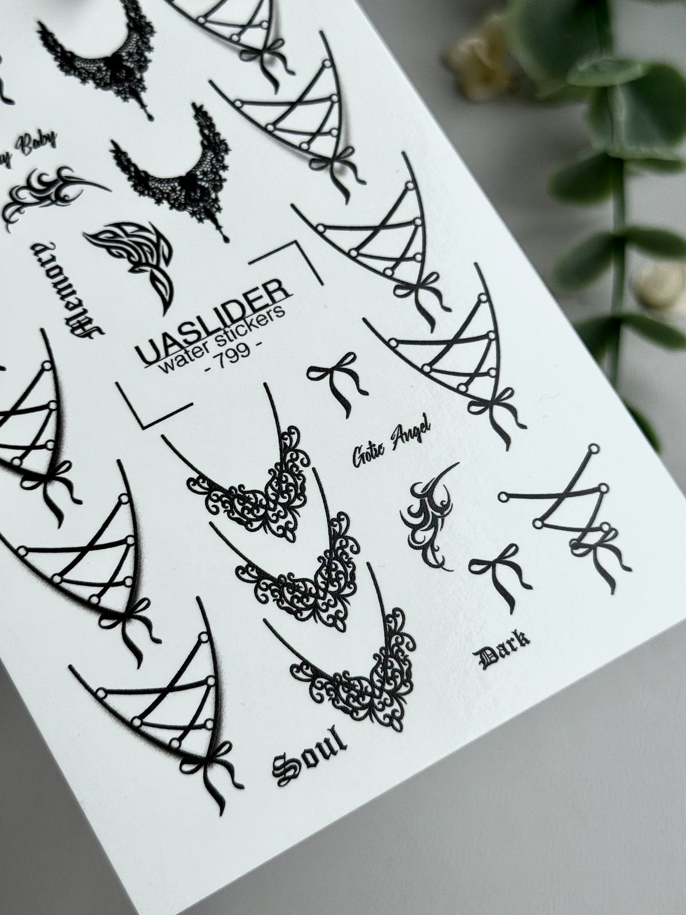 Gothic Lace Nail Decals — Corset Lines Bows Dark Script | 799 - UASLIDER
