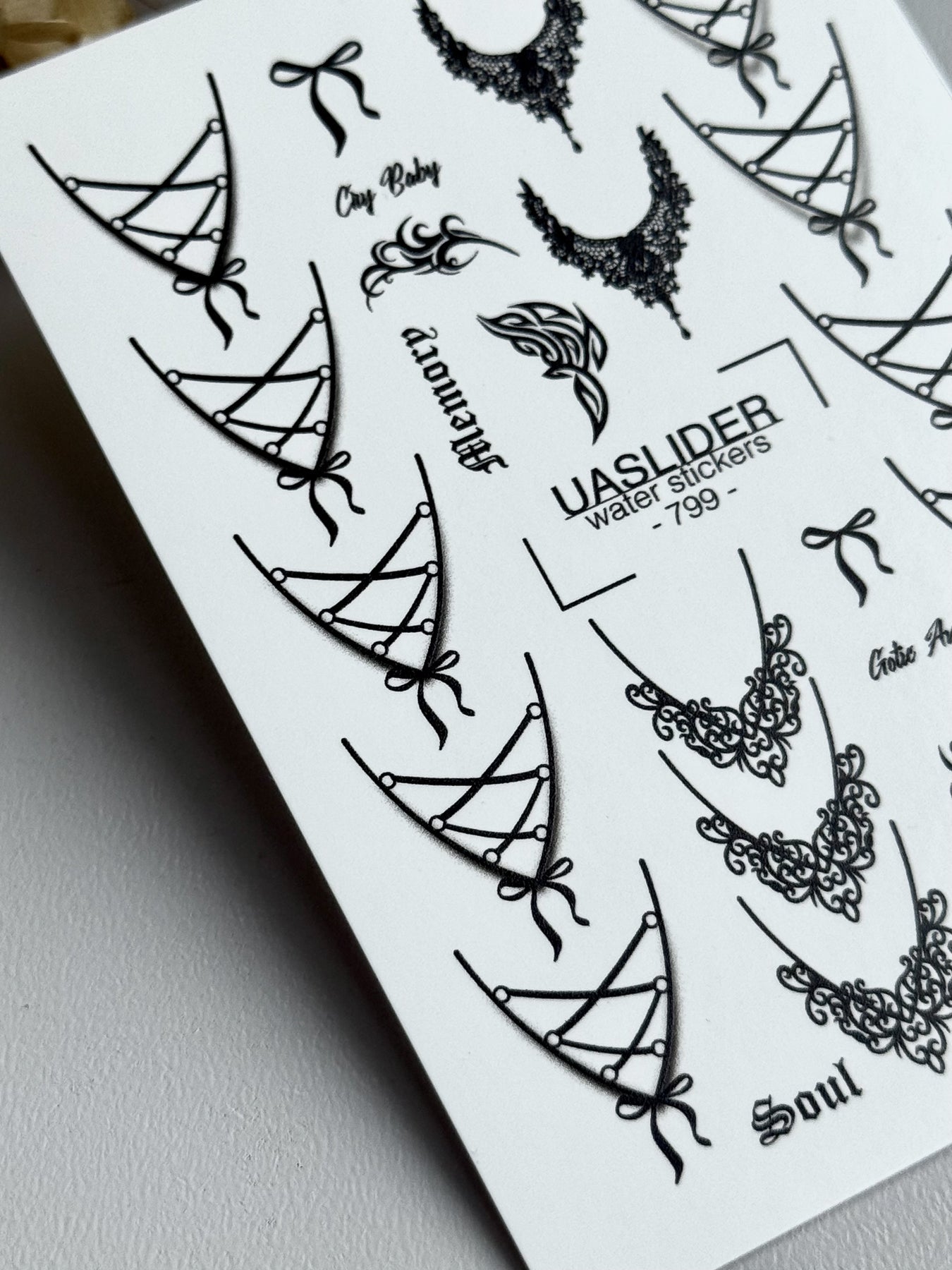 Gothic Lace Nail Decals — Corset Lines Bows Dark Script | 799 - UASLIDER
