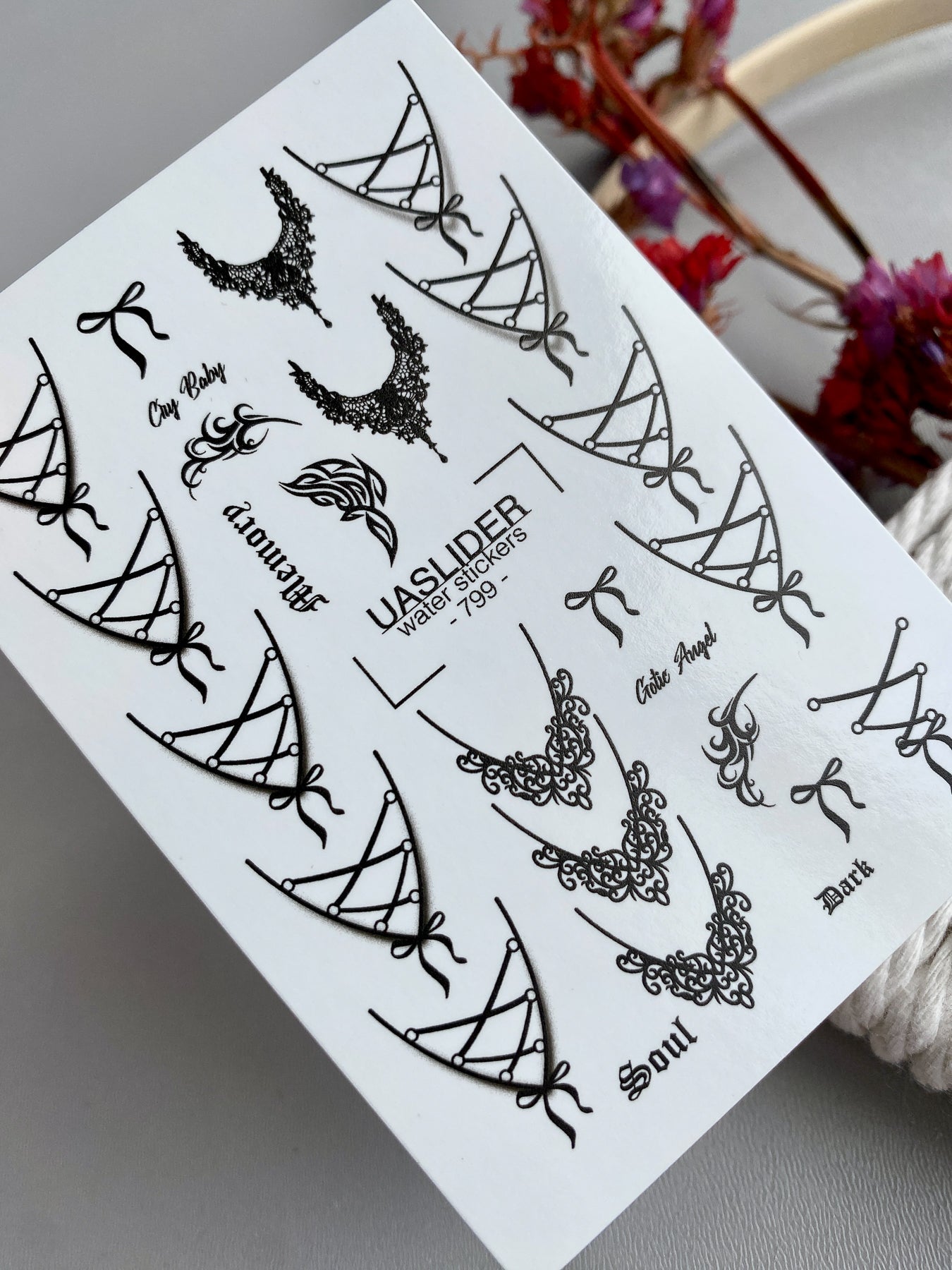 Gothic Lace Nail Decals — Corset Lines Bows Dark Script | 799 - UASLIDER