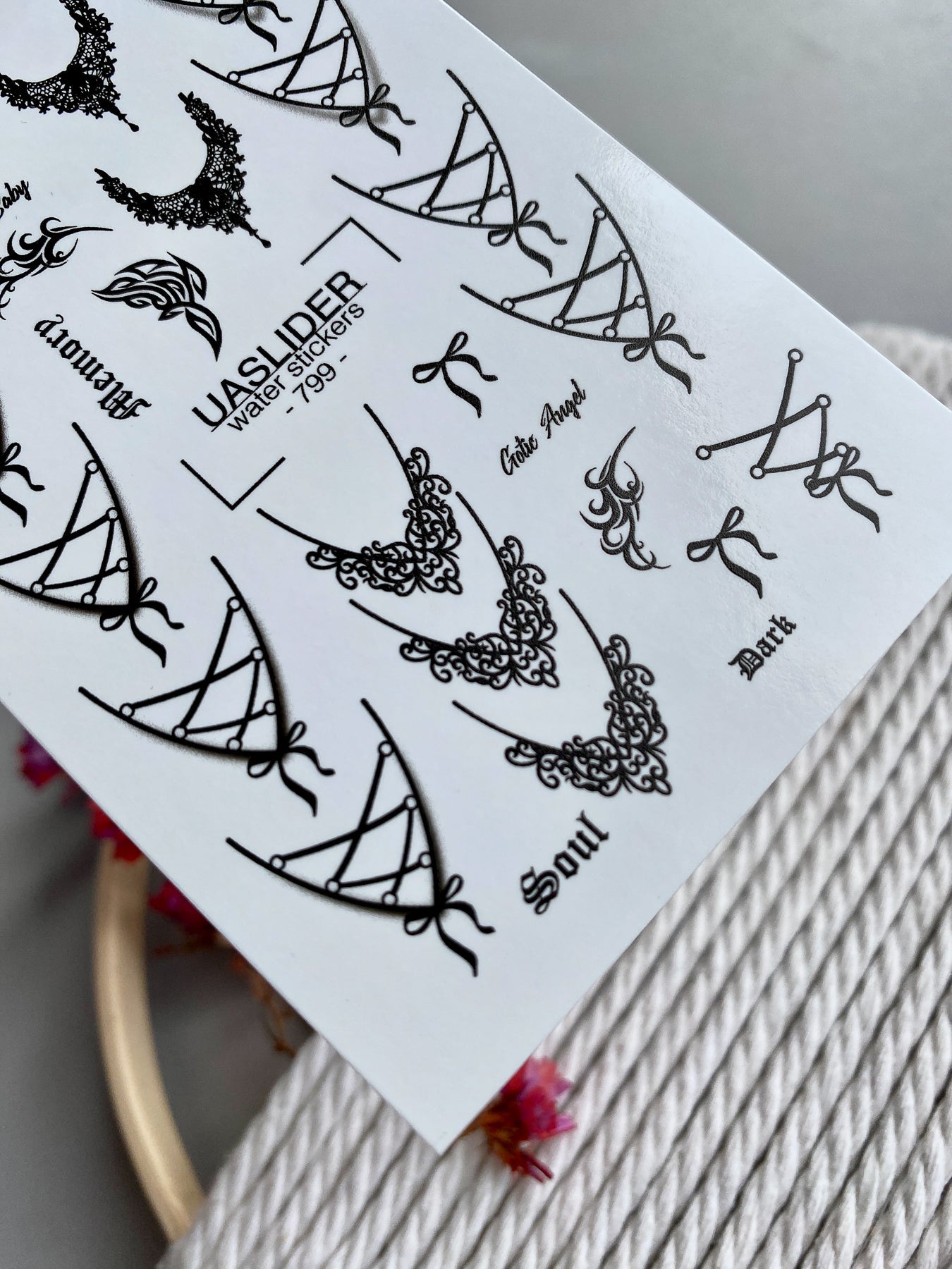 Gothic Lace Nail Decals — Corset Lines Bows Dark Script | 799 - UASLIDER