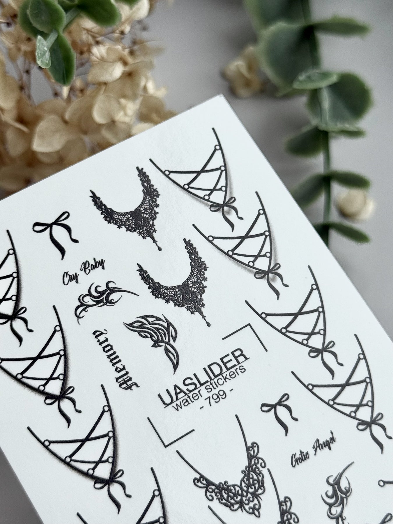 Gothic Lace Nail Decals — Corset Lines Bows Dark Script | 799 - UASLIDER