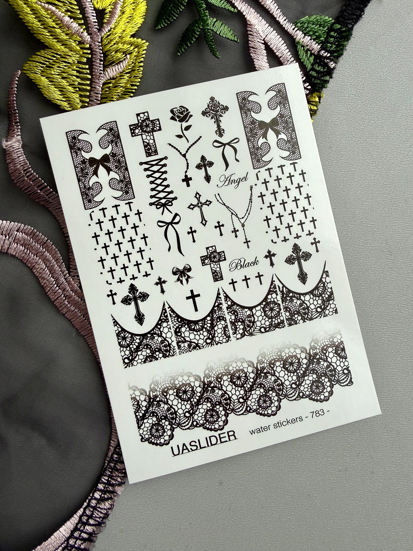 Gothic Nail Decals — Black Crosses, Lace & "Angel" Text | 783 - UASLIDER